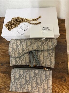 Dior Beige Gray Oblique Saddle Crossbody Wallet Bag with Gold Chain
